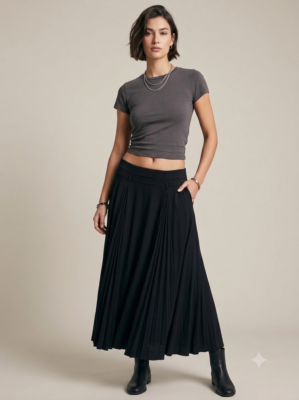 Lapis Black Low Rise Midi Skirt - Flowing Pleated Style